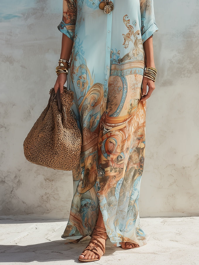 Blue Collared Button Front Long Sleeve Baroque Print Shirt Maxi Dress 5