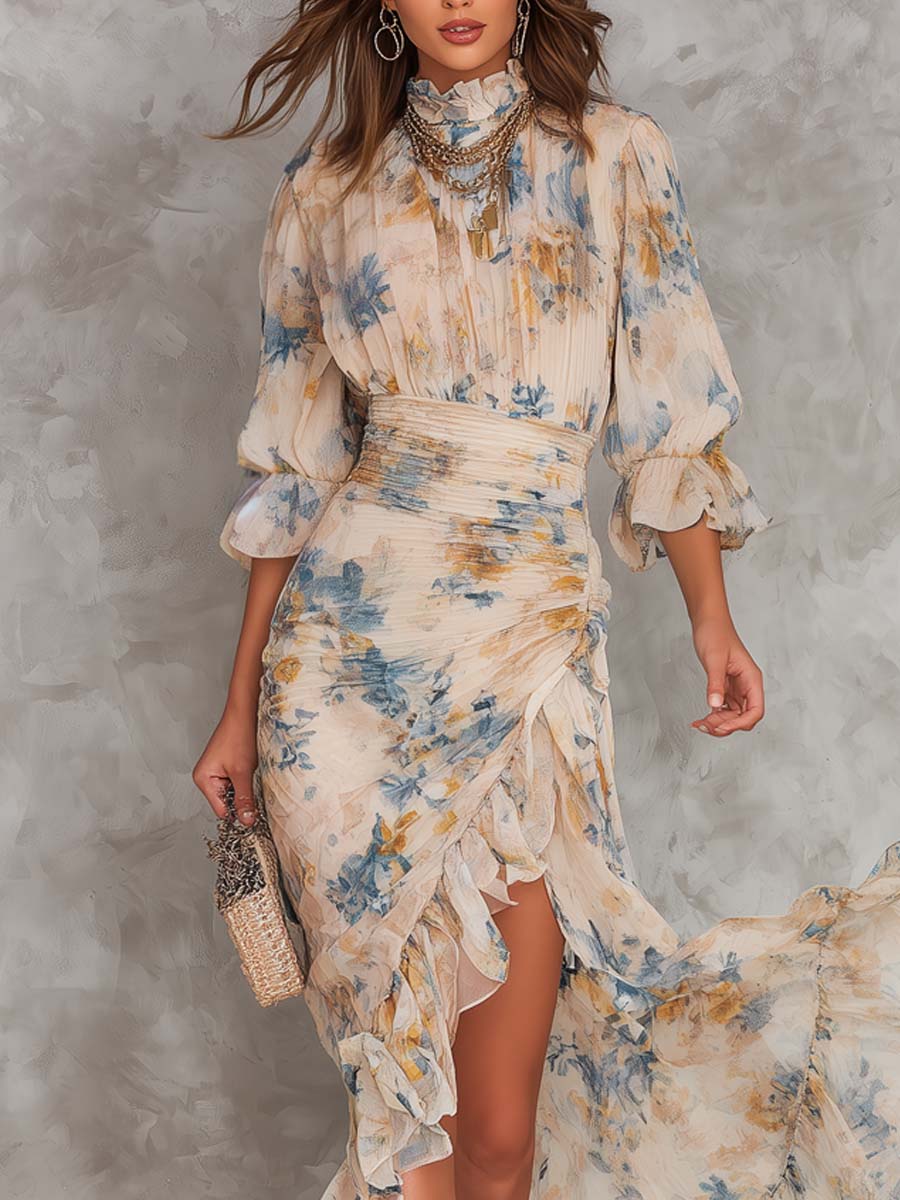 Beige High Neck Floral Puff Sleeve Ruched Ruffle High Slit Maxi Dress 3