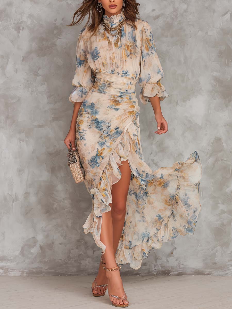 Beige High Neck Floral Puff Sleeve Ruched Ruffle High Slit Maxi Dress