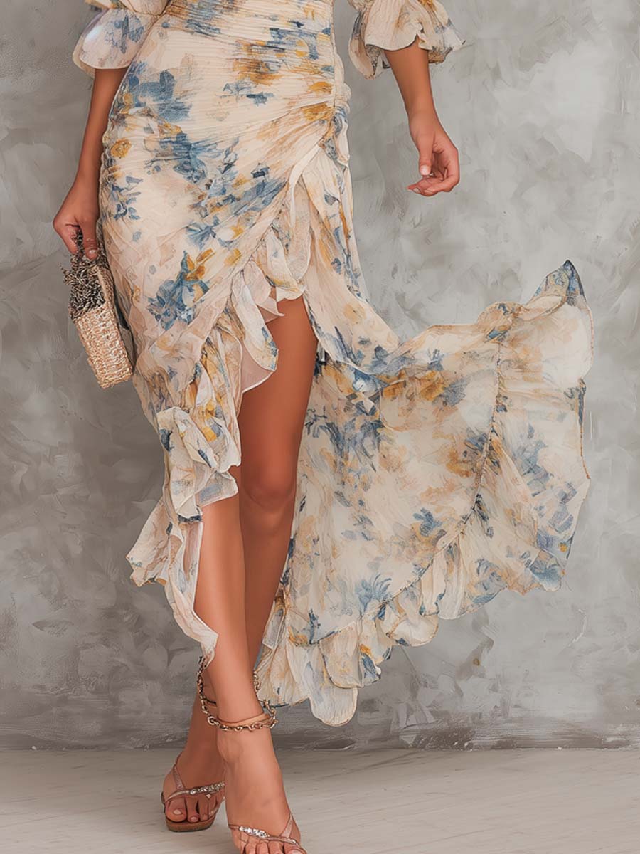 Beige High Neck Floral Puff Sleeve Ruched Ruffle High Slit Maxi Dress 4