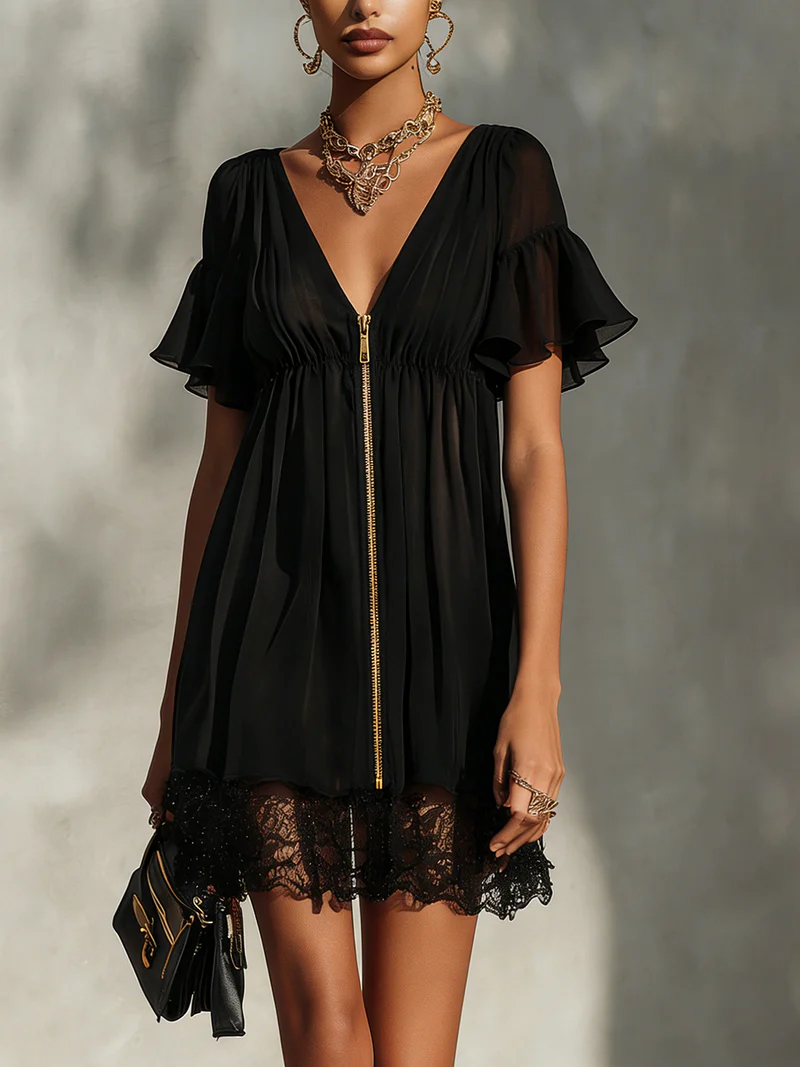 Black Deep V-Neck Chiffon Flutter Sleeve Zip Front Lace Hem Mini Dress