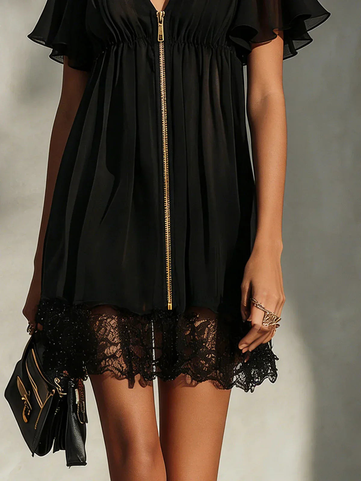 V-Neck Chiffon Flutter Sleeve Zip Front Lace Trim Babydoll Mini Dress 2