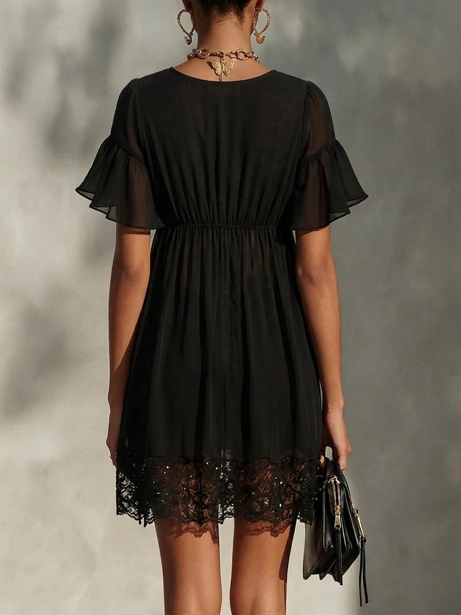 V-Neck Chiffon Flutter Sleeve Zip Front Lace Trim Babydoll Mini Dress 3
