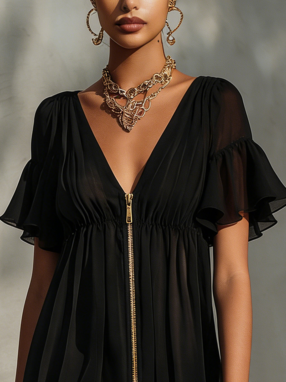 Black Deep V-Neck Zip Front Lace Hem Flutter Sleeve Mini Dress 3