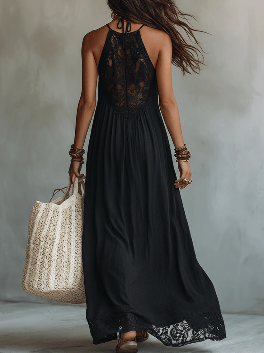 Black Halter Neck Lace Bodice Sleeveless Flowy Boho Maxi Dress 2