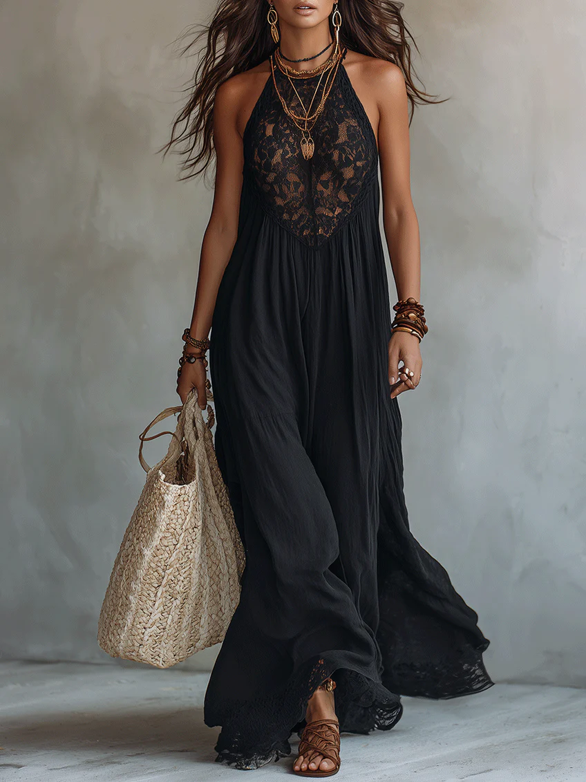 Black Halter Neck Lace Bodice Sleeveless Flowy A-Line Maxi Dress