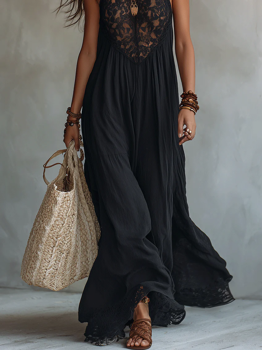 Black Halter Neck Lace Bodice Sleeveless Flowy Boho Maxi Dress 5