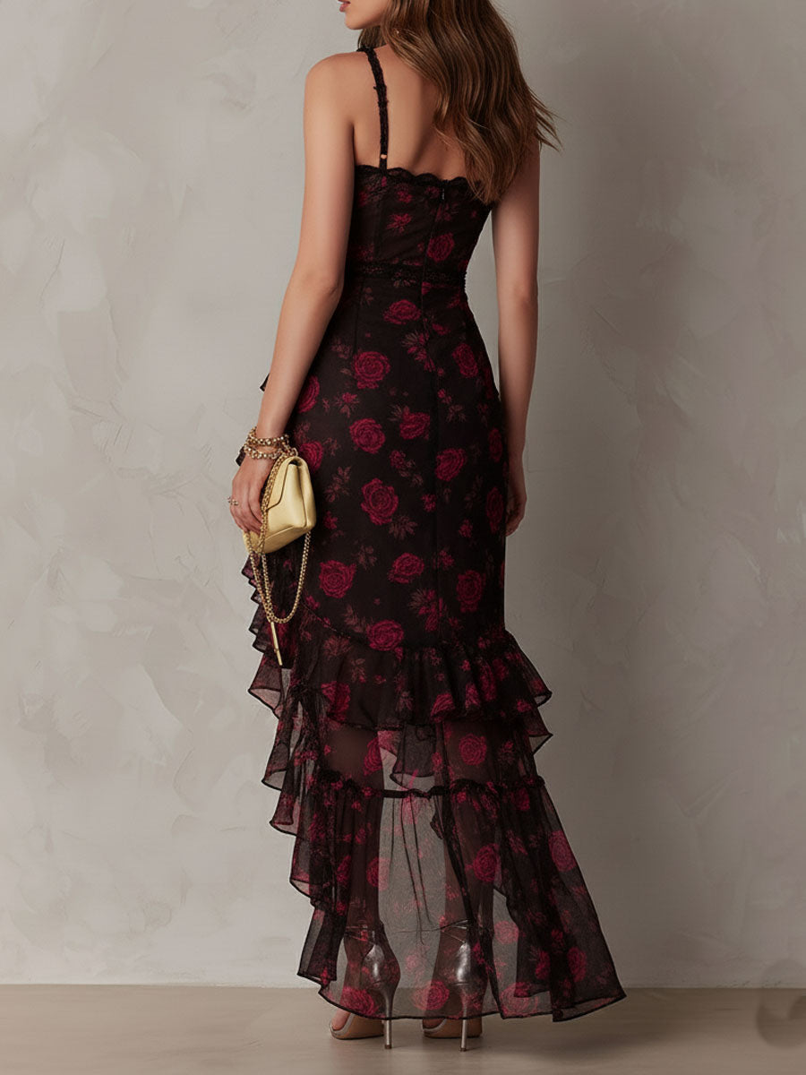 Black Spaghetti Strap Rose Floral Ruched Ruffle High Slit Bodycon Maxi Dress 5