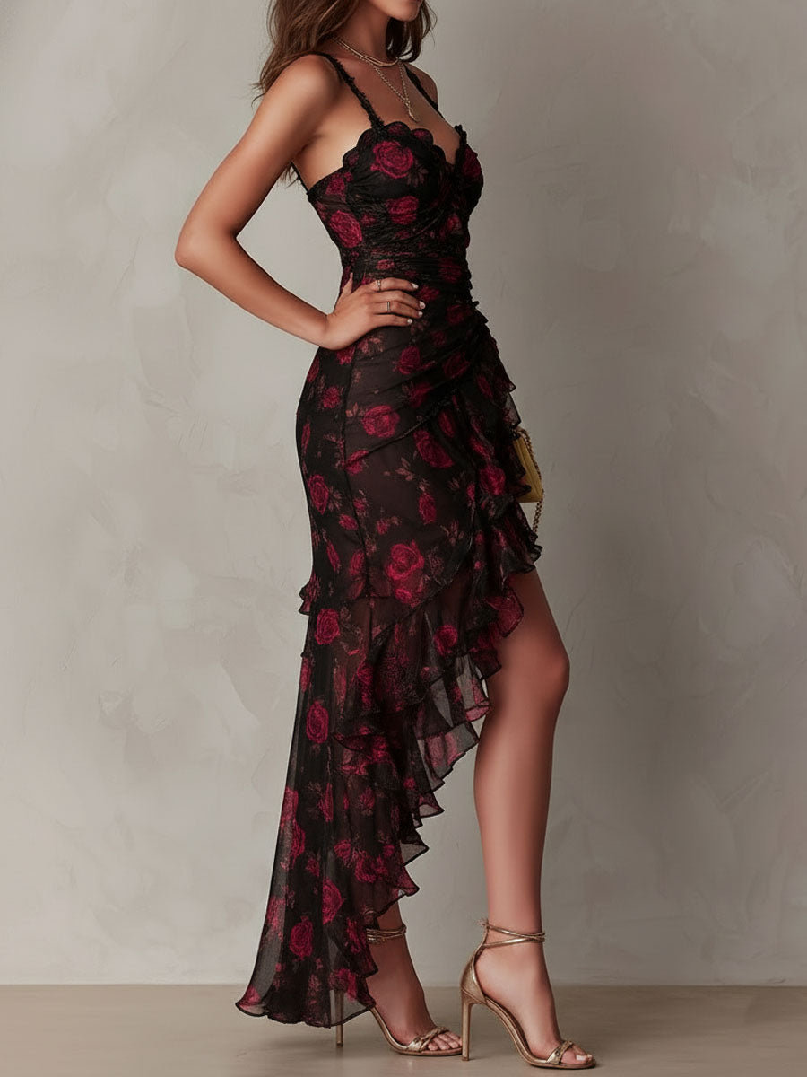 Black Spaghetti Strap Rose Floral Ruched Ruffle High Slit Bodycon Maxi Dress 4