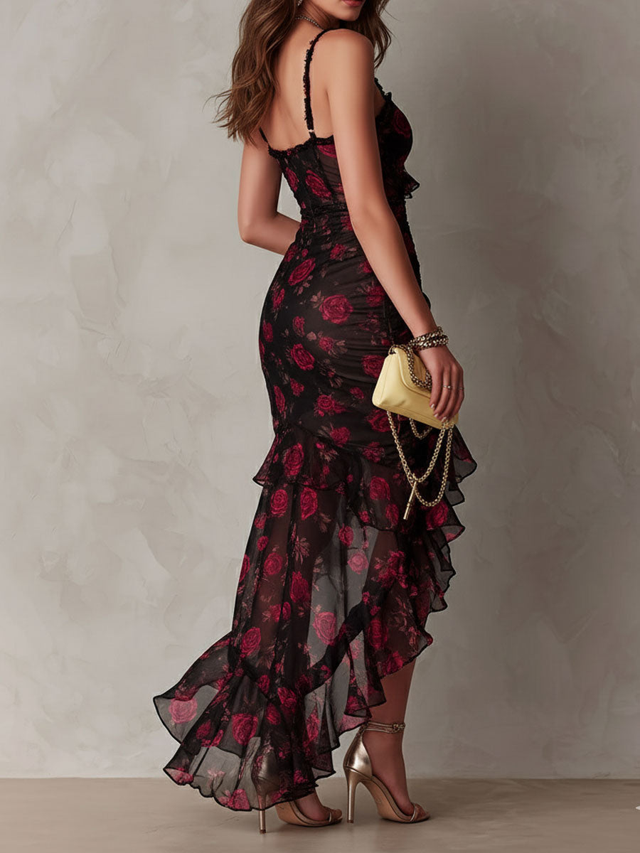 Black Spaghetti Strap Rose Floral Ruched Ruffle High Slit Bodycon Maxi Dress 3