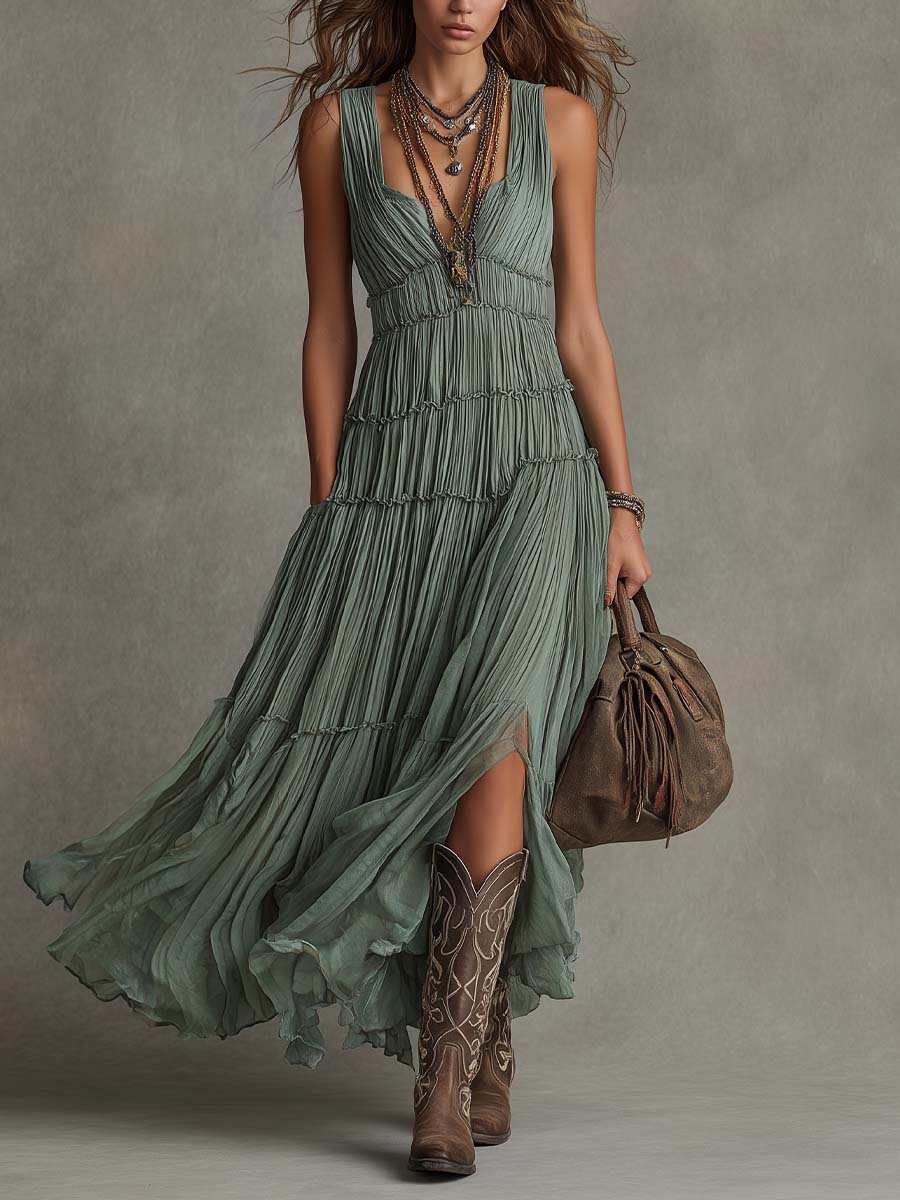 V-Neck Sleeveless Pleated Chiffon Tiered Flowy Maxi Dress