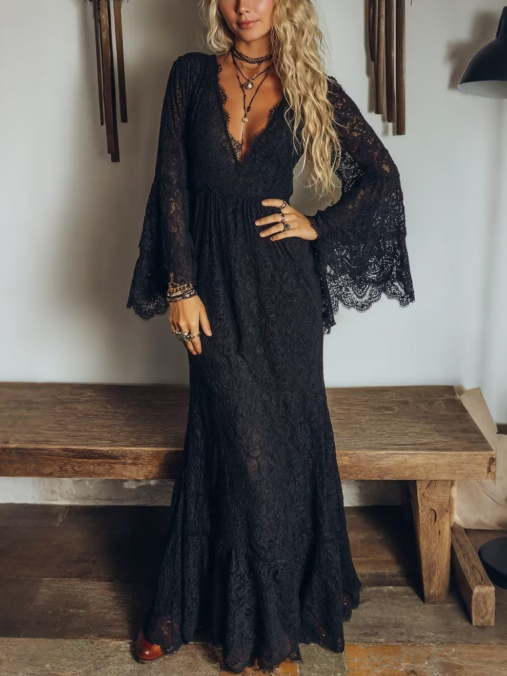 Black Sheer Lace V-neck Flared Long-sleeved Ruffle Maxi Dress