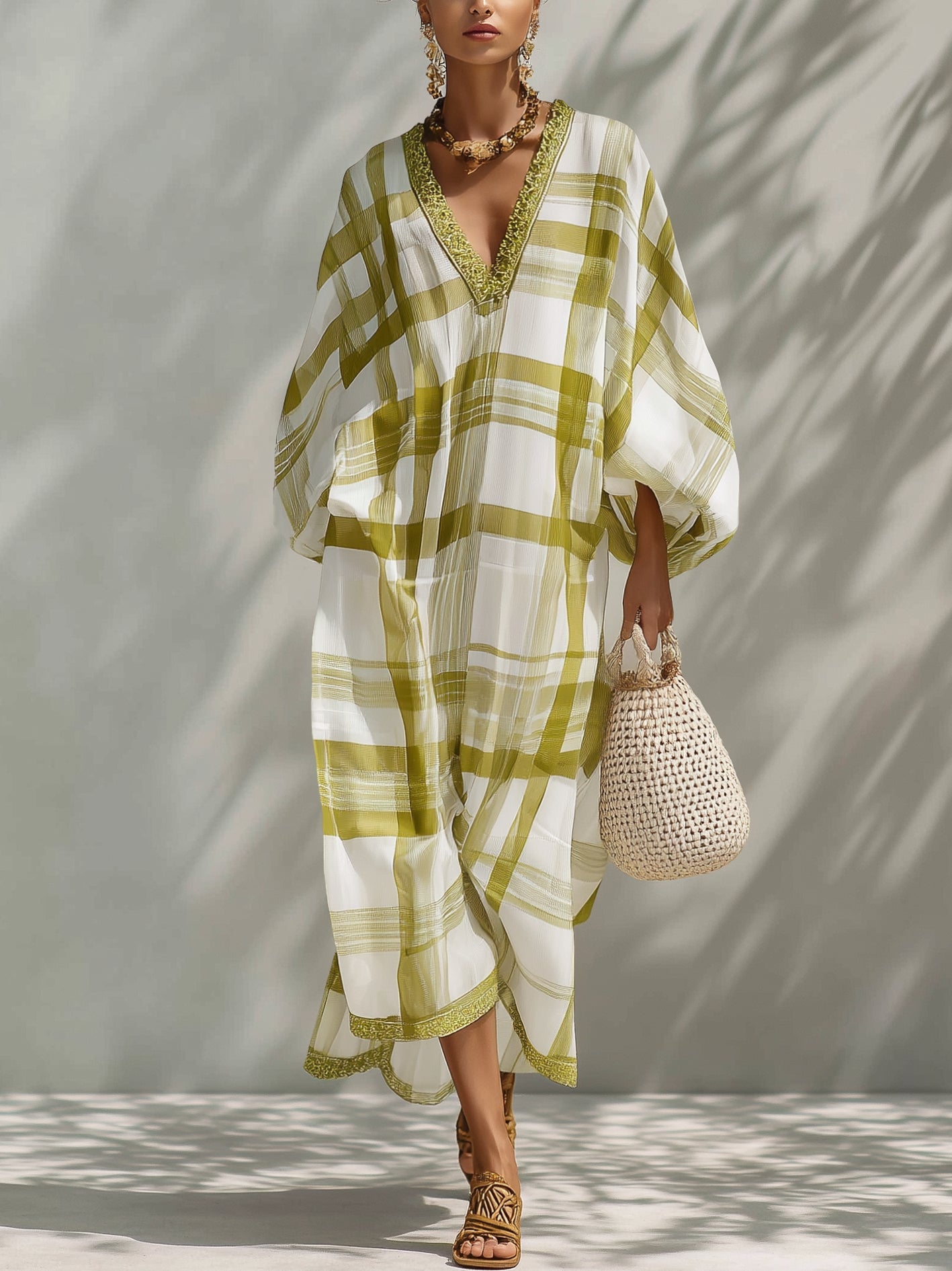 Green Plaid Chiffon Loose-fitting Kaftan Maxi Dress