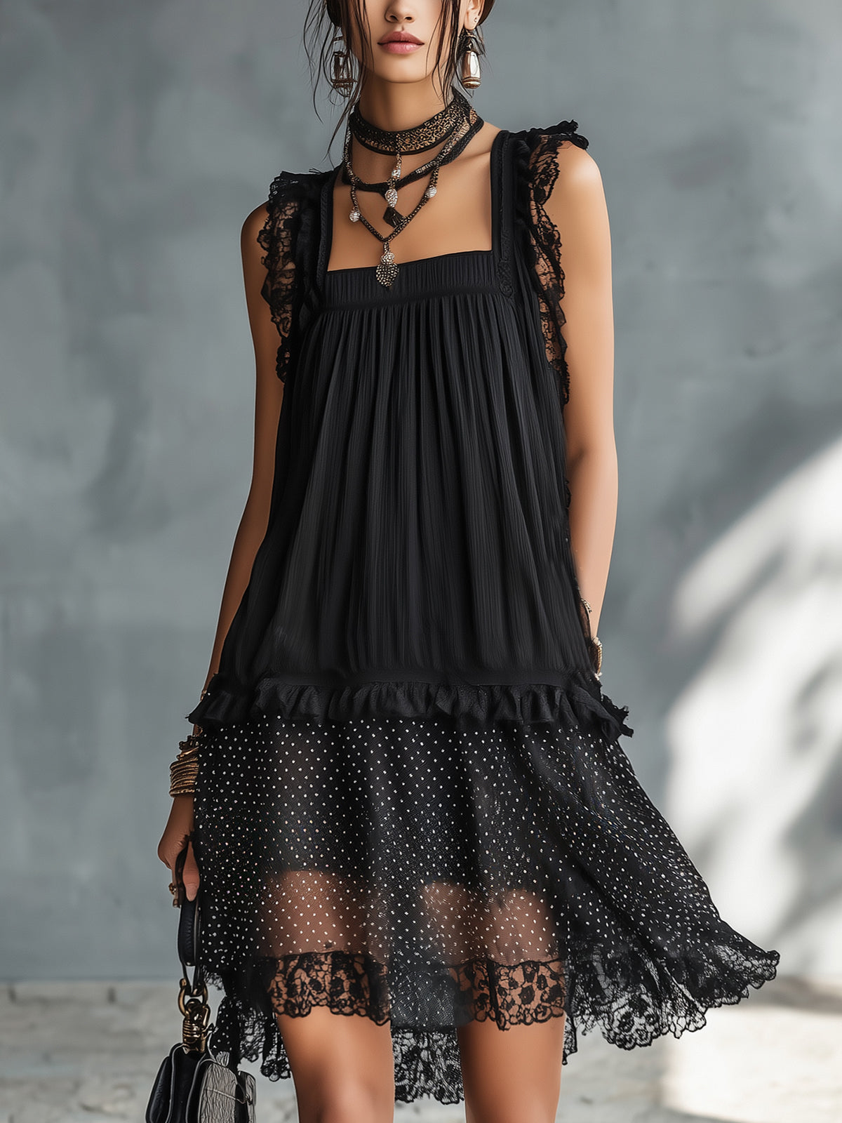 Black Square Neck Lace Trim Pleated Polka Dot Tiered Mini Dress