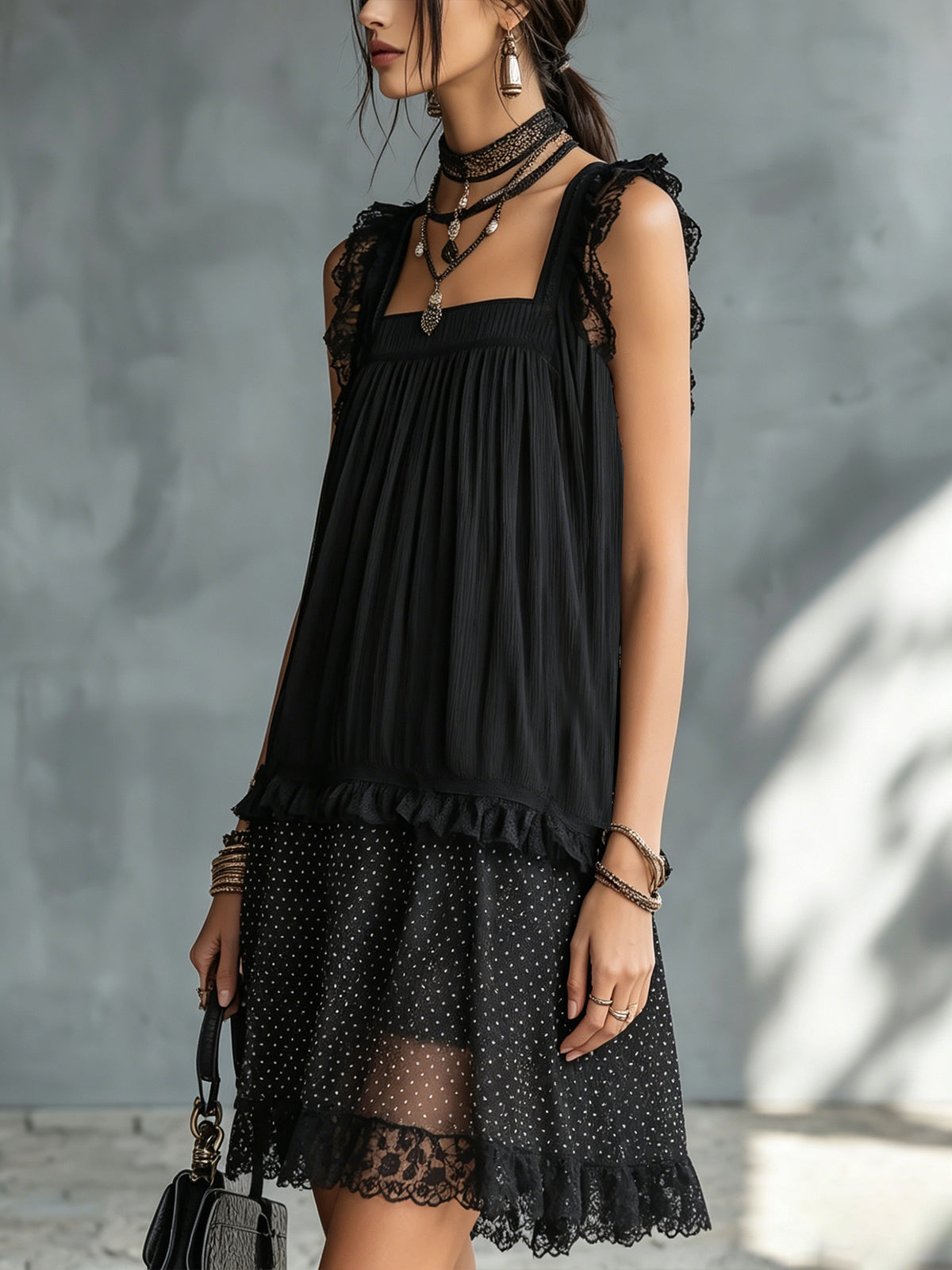 Black Square Neck Lace Trim Pleated Polka Dot Tiered Mini Dress 2