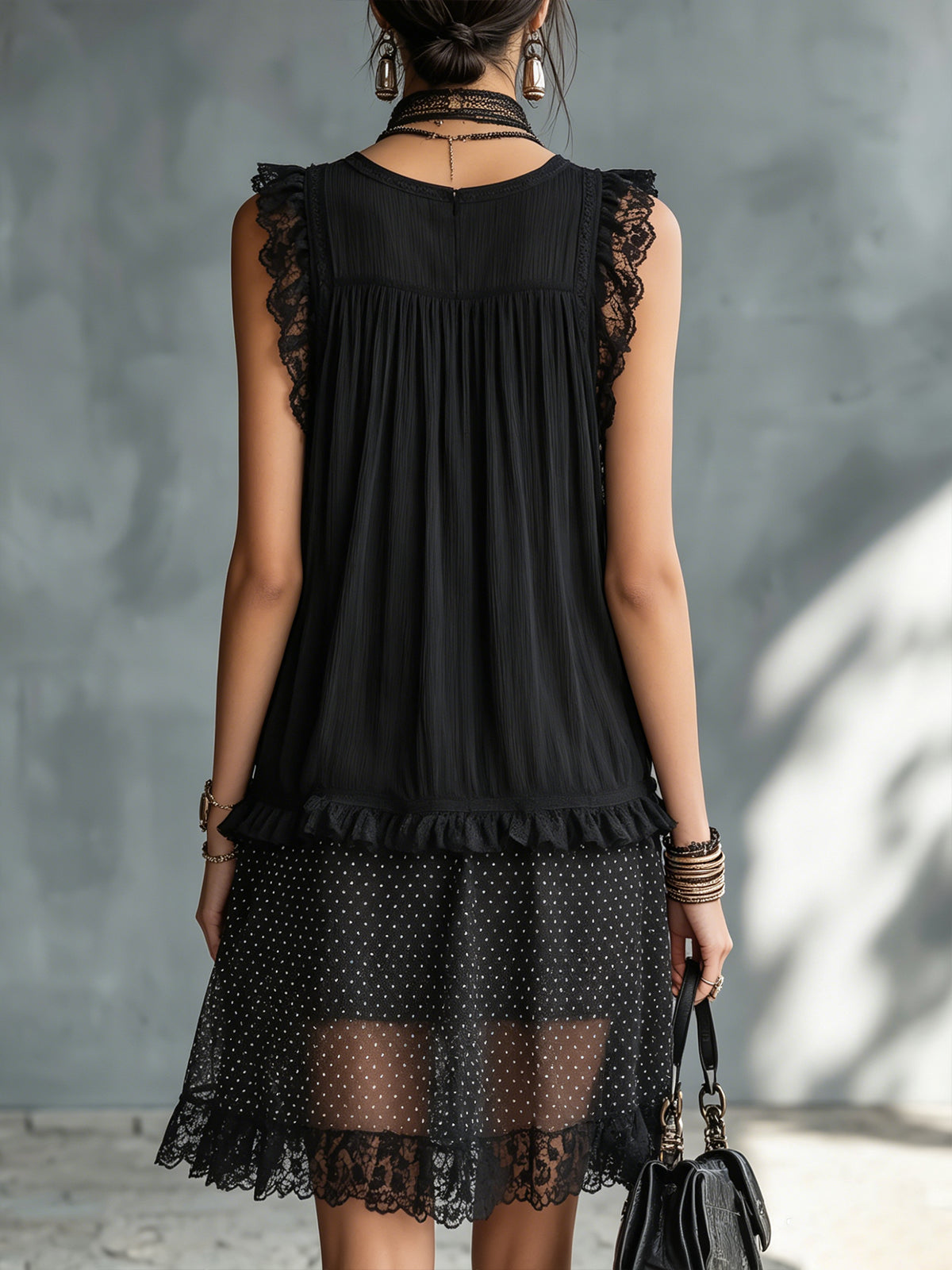 Black Square Neck Lace Trim Pleated Polka Dot Tiered Mini Dress 3
