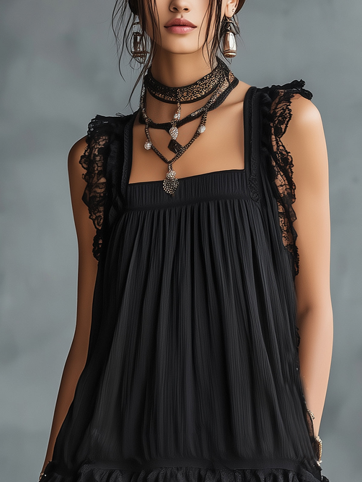 Black Square Neck Lace Trim Pleated Polka Dot Tiered Mini Dress 4