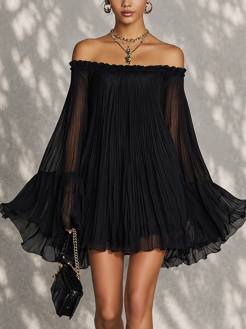 Black Off-Shoulder Pleated Chiffon Bell Sleeve Flowy Babydoll Mini Dress