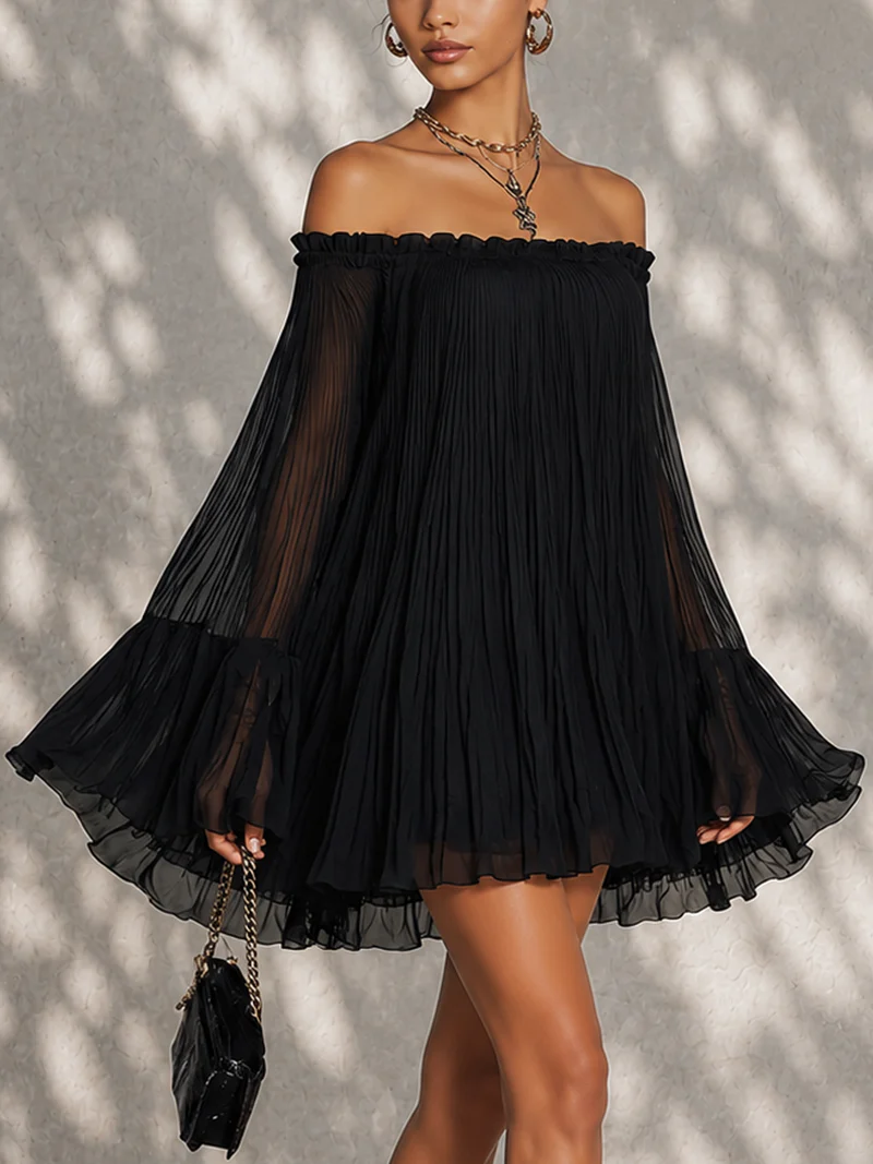 Black Off-Shoulder Pleated Chiffon Ruffle Bell Sleeve Flowy Mini Dress 2