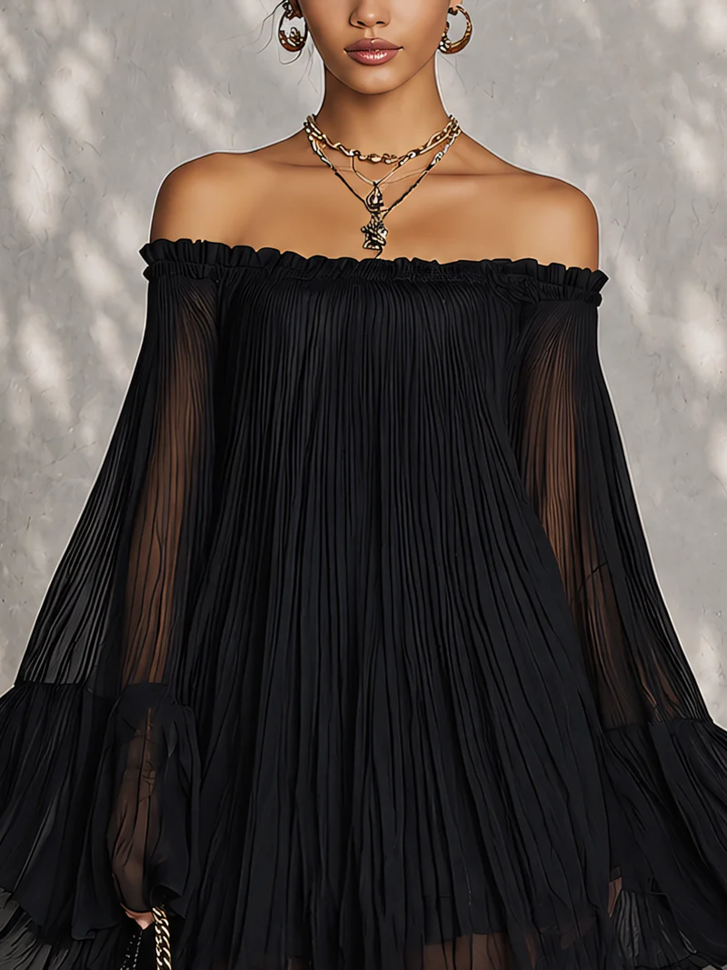 Black Off-Shoulder Pleated Chiffon Bell Sleeve Flowy Babydoll Mini Dress 4