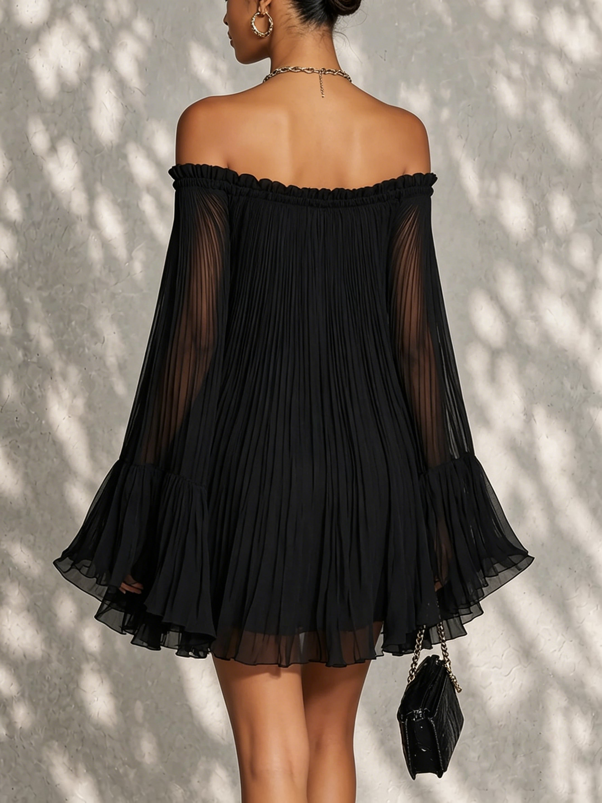 Black Off-Shoulder Pleated Chiffon Ruffle Bell Sleeve Flowy Mini Dress 3