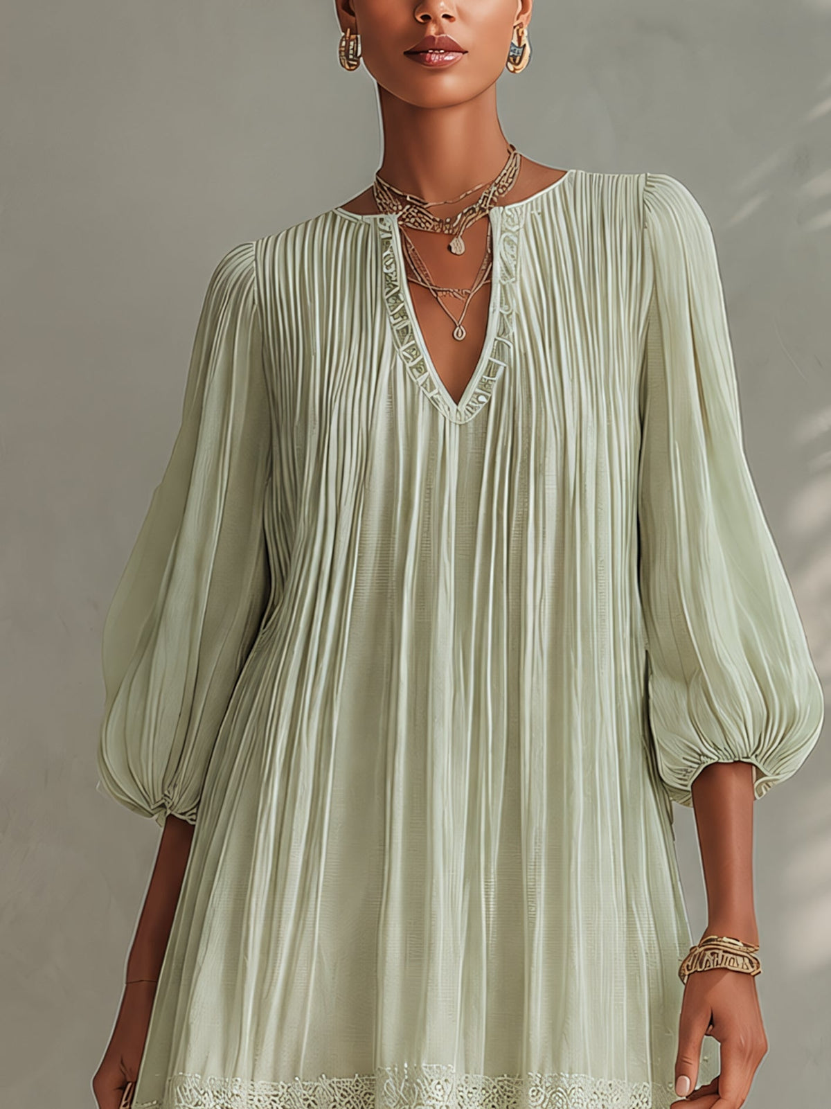 Light Green Split Neck Pleated Chiffon Lantern Sleeve Lace Hem Mini Dress 4