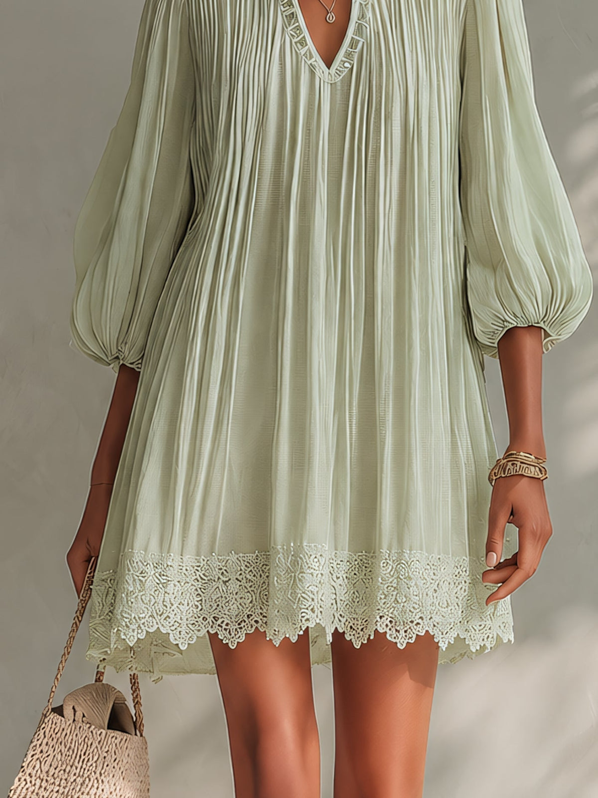 Light Green Split Neck Pleated Chiffon Lantern Sleeve Lace Hem Mini Dress 5