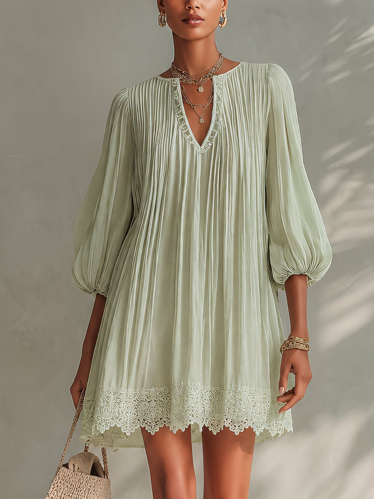 Light Green Split Neck Pleated Chiffon Lantern Sleeve Lace Hem Mini Dress