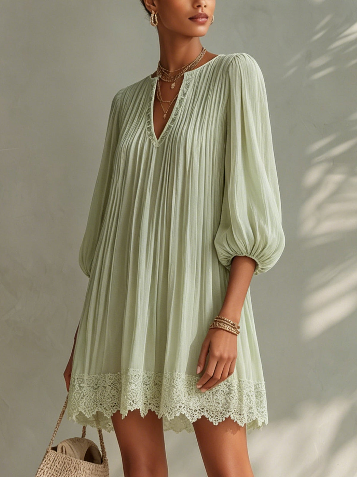Light Green Split Neck Pleated Chiffon Lantern Sleeve Lace Hem Mini Dress 2