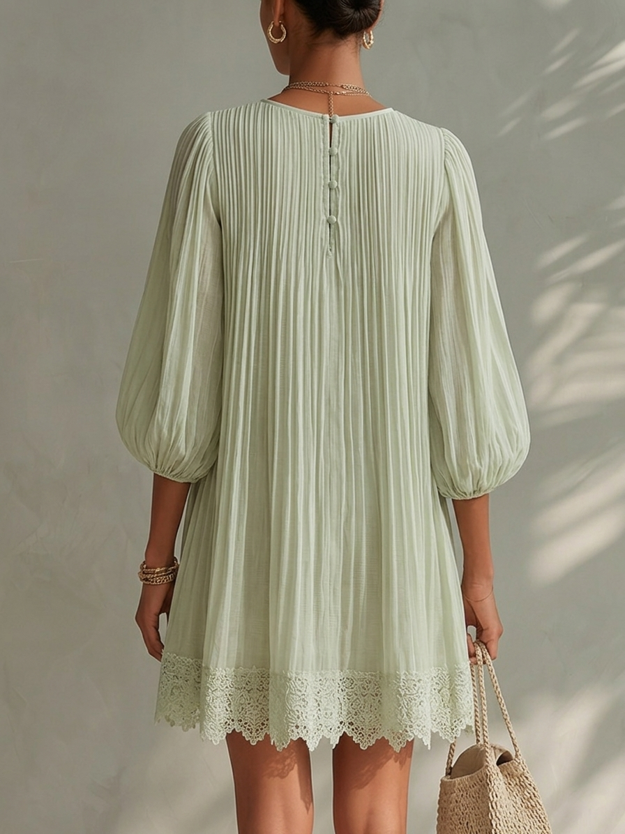 Light Green Split Neck Pleated Chiffon Lantern Sleeve Lace Hem Mini Dress 3