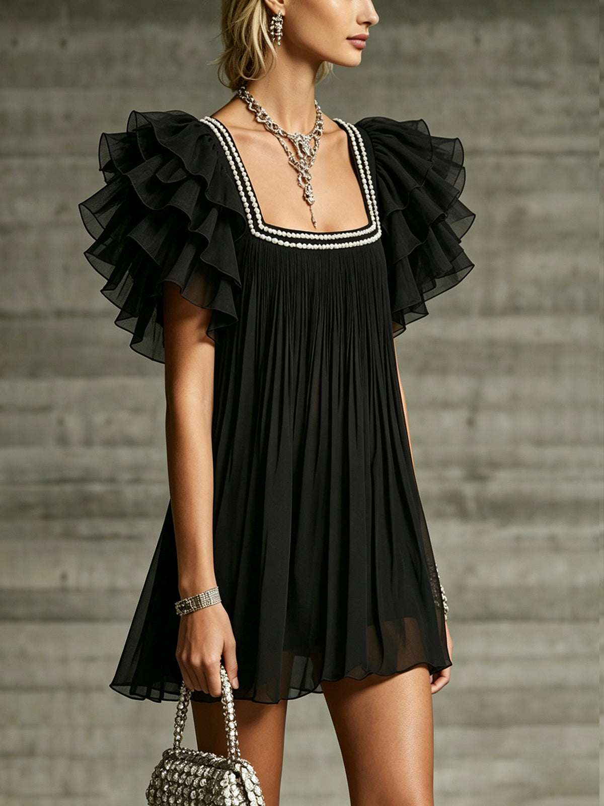Black Pearl-trimmed Square Neck ruffle Chiffon Mini Dress