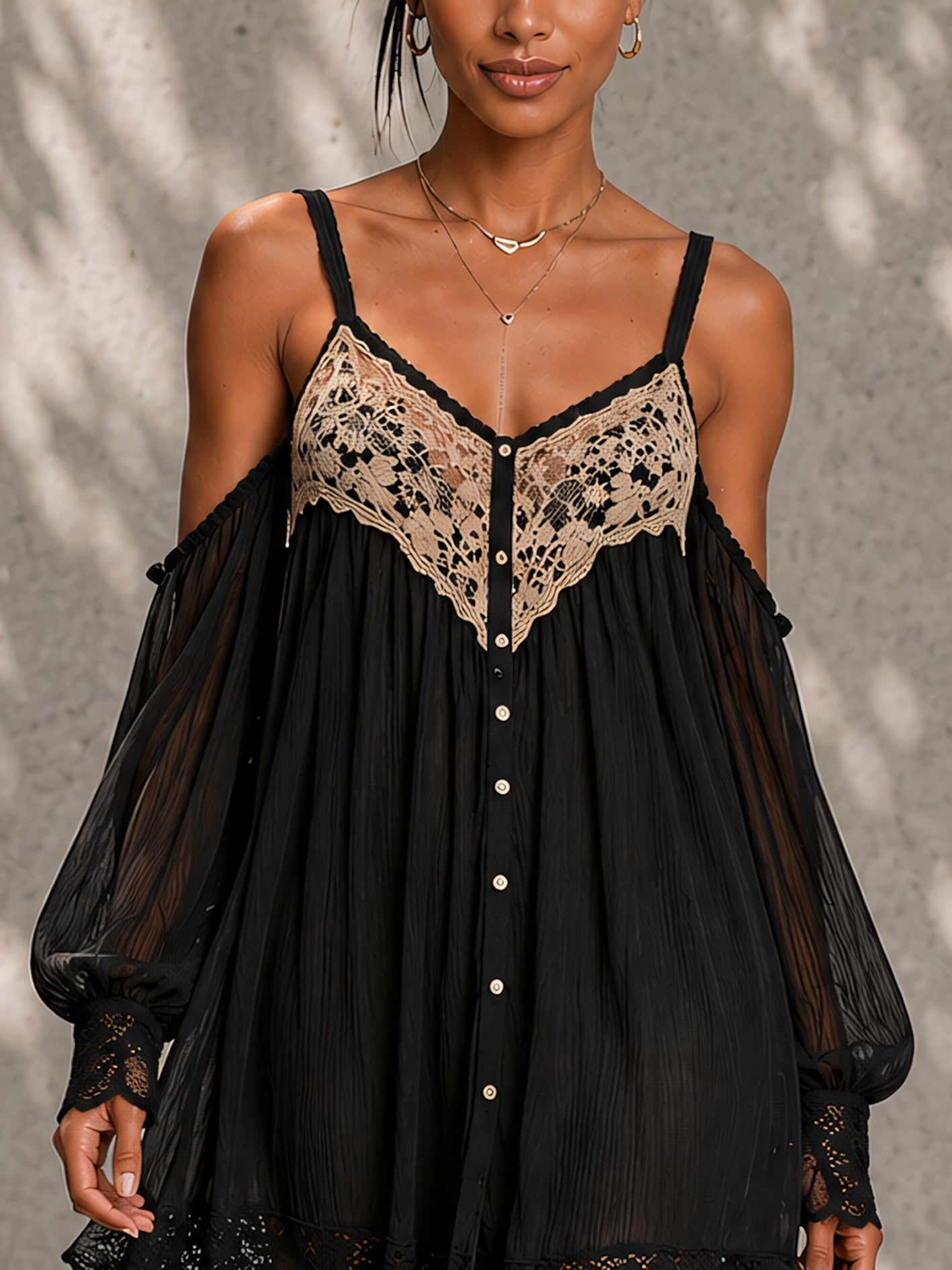 Black Lace-trimmed Off-shoulder Chiffon Mini Dress