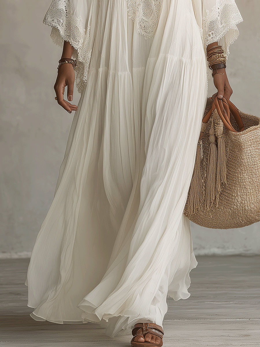 White V-Neck Lace Trim Bell Sleeve Tiered Boho Maxi Dress 5