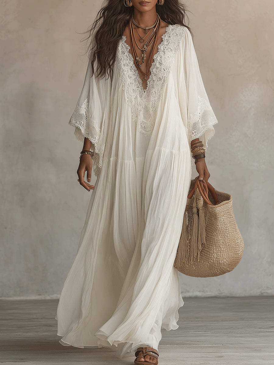 White V-Neck Lace Trim Bell Sleeve Tiered Boho Maxi Dress 2