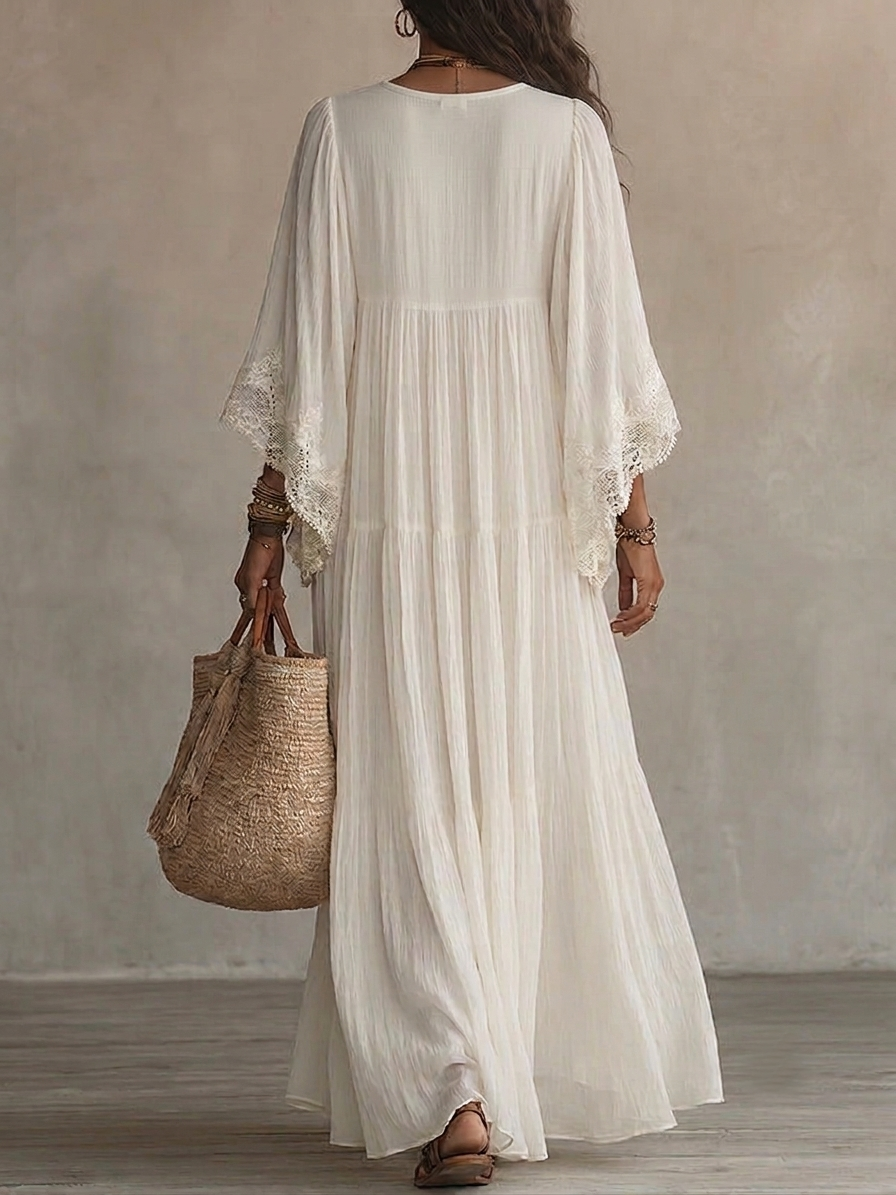 White V-Neck Lace Trim Bell Sleeve Tiered Boho Maxi Dress