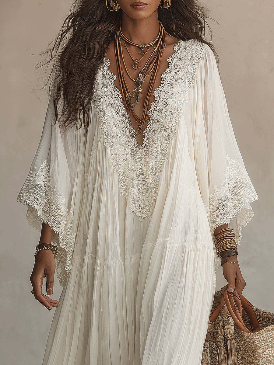 White V-Neck Lace Trim Bell Sleeve Tiered Boho Maxi Dress 4
