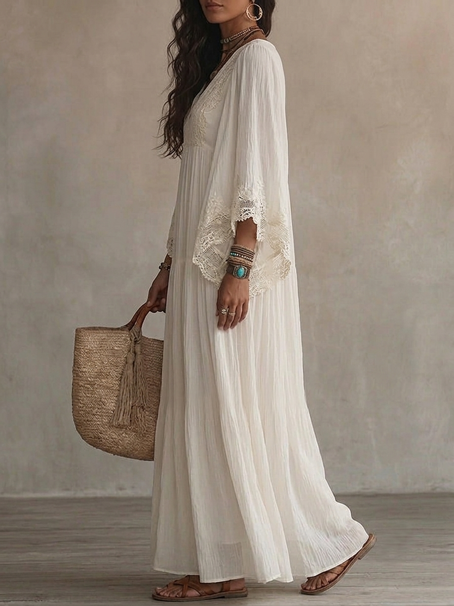 White V-Neck Lace Trim Bell Sleeve Tiered Boho Maxi Dress 3