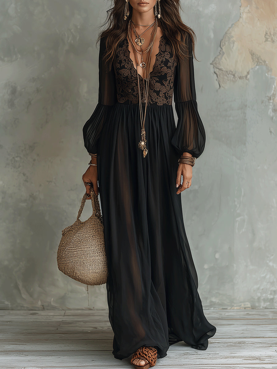 Black Lace Sheer Lantern Sleeve Chiffon Maxi Dress