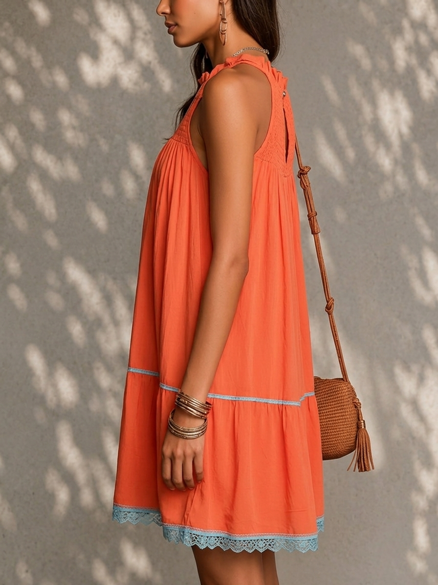 Orange Patchwork Lace Trim Sleeveless Pleated Mini Dress