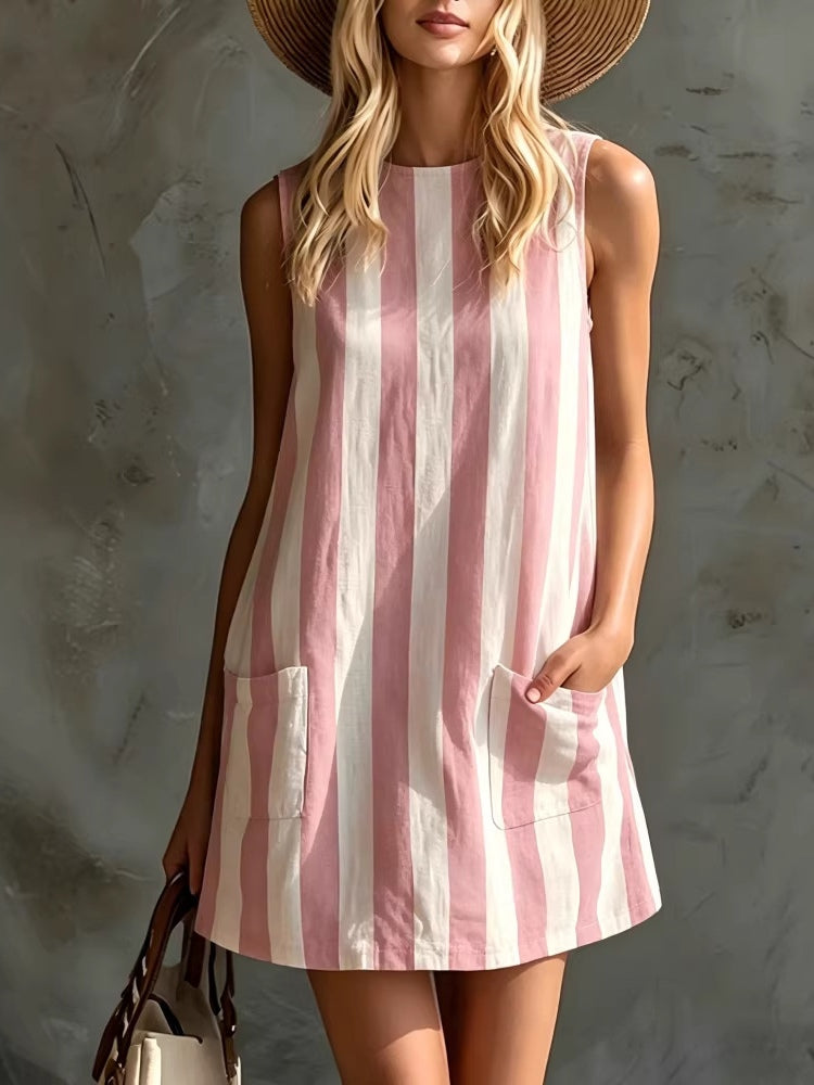 Round Neck Striped Sleeveless Pocket Shift Mini Dress 2