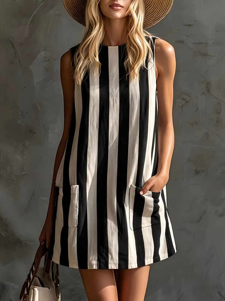 Round Neck Striped Sleeveless Pocket Shift Mini Dress 4