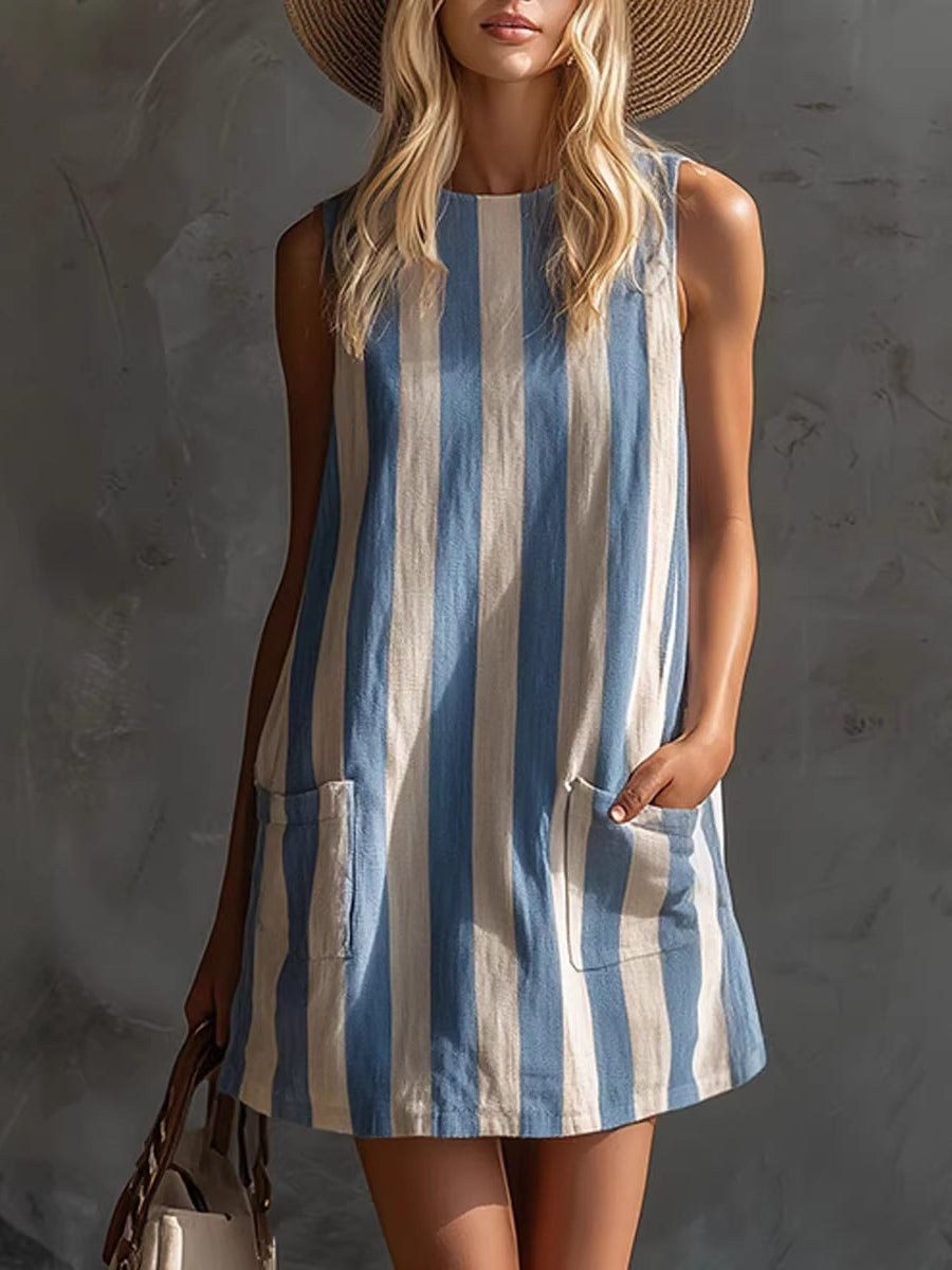 Round Neck Striped Sleeveless Pocket Shift Mini Dress