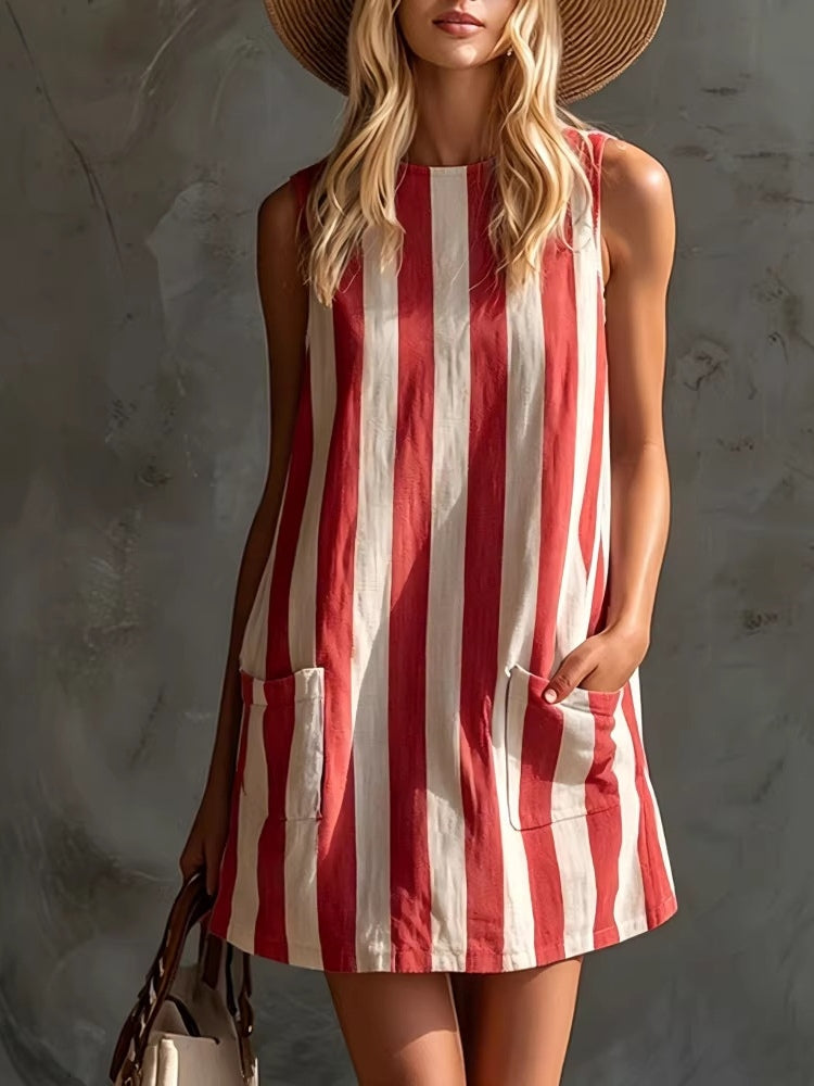 Round Neck Striped Sleeveless Pocket Shift Mini Dress 5