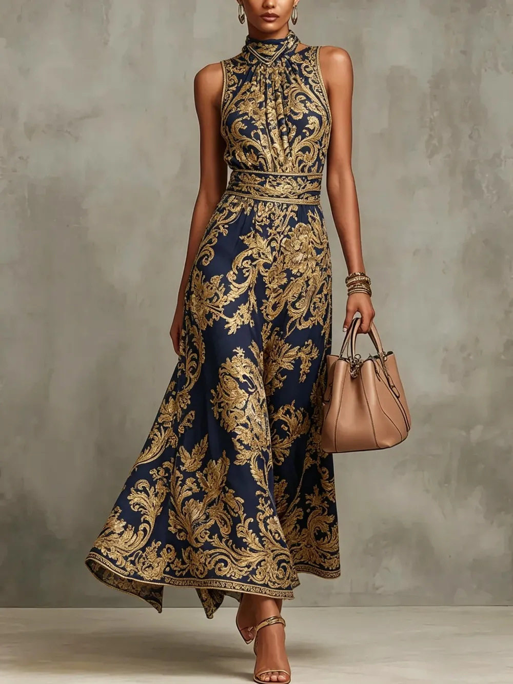 Navy Halter Neck Baroque Brocade Sleeveless A-Line Maxi Dress 3