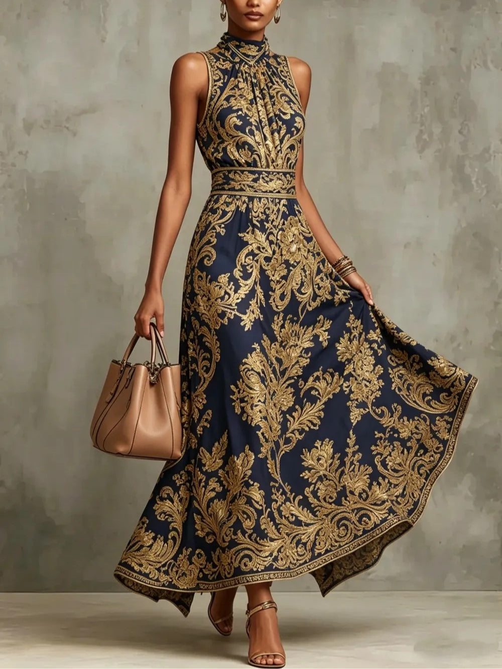 Navy Halter Neck Baroque Brocade Sleeveless A-Line Maxi Dress 2