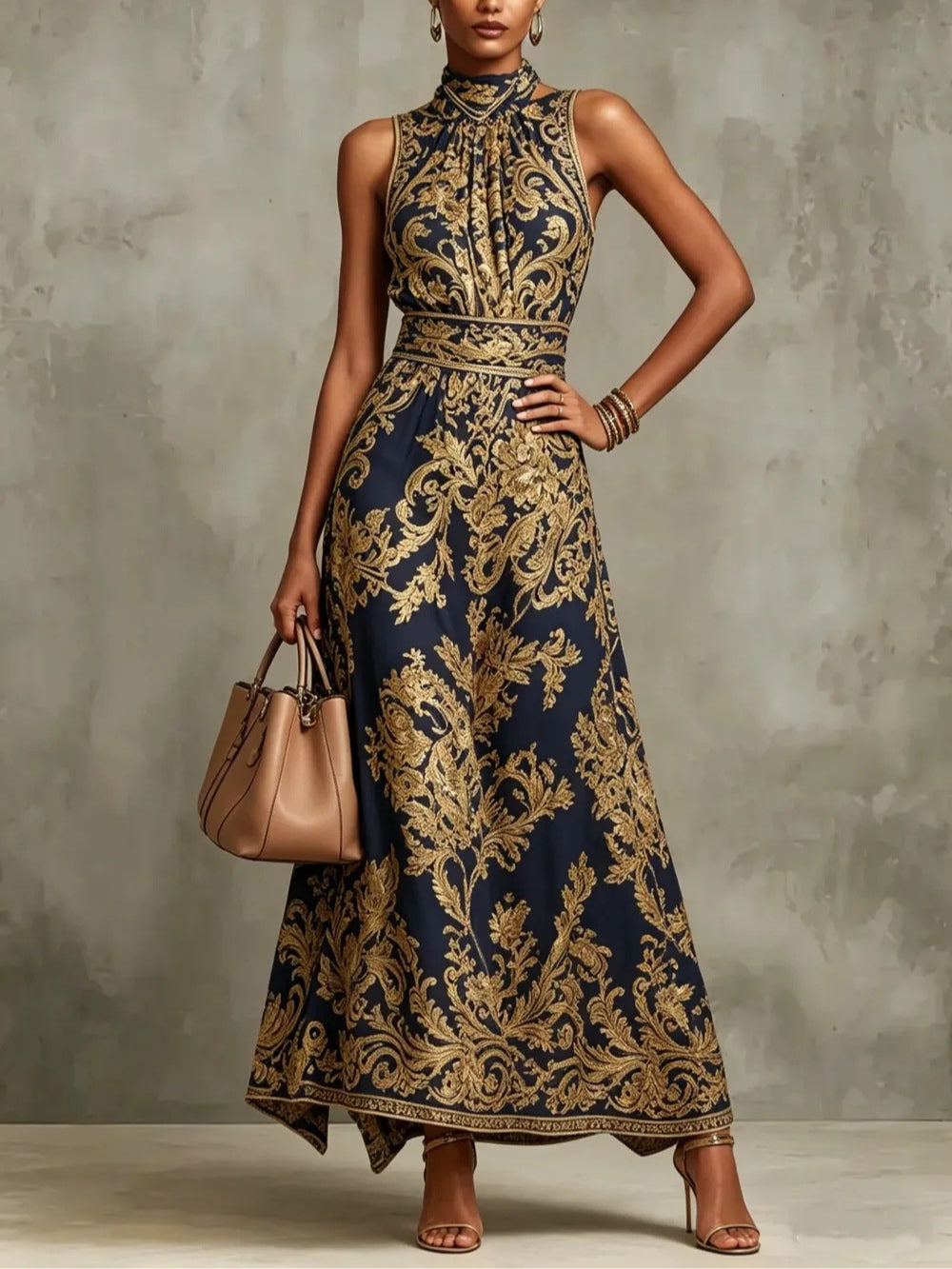 Navy Halter Neck Baroque Brocade Sleeveless A-Line Maxi Dress