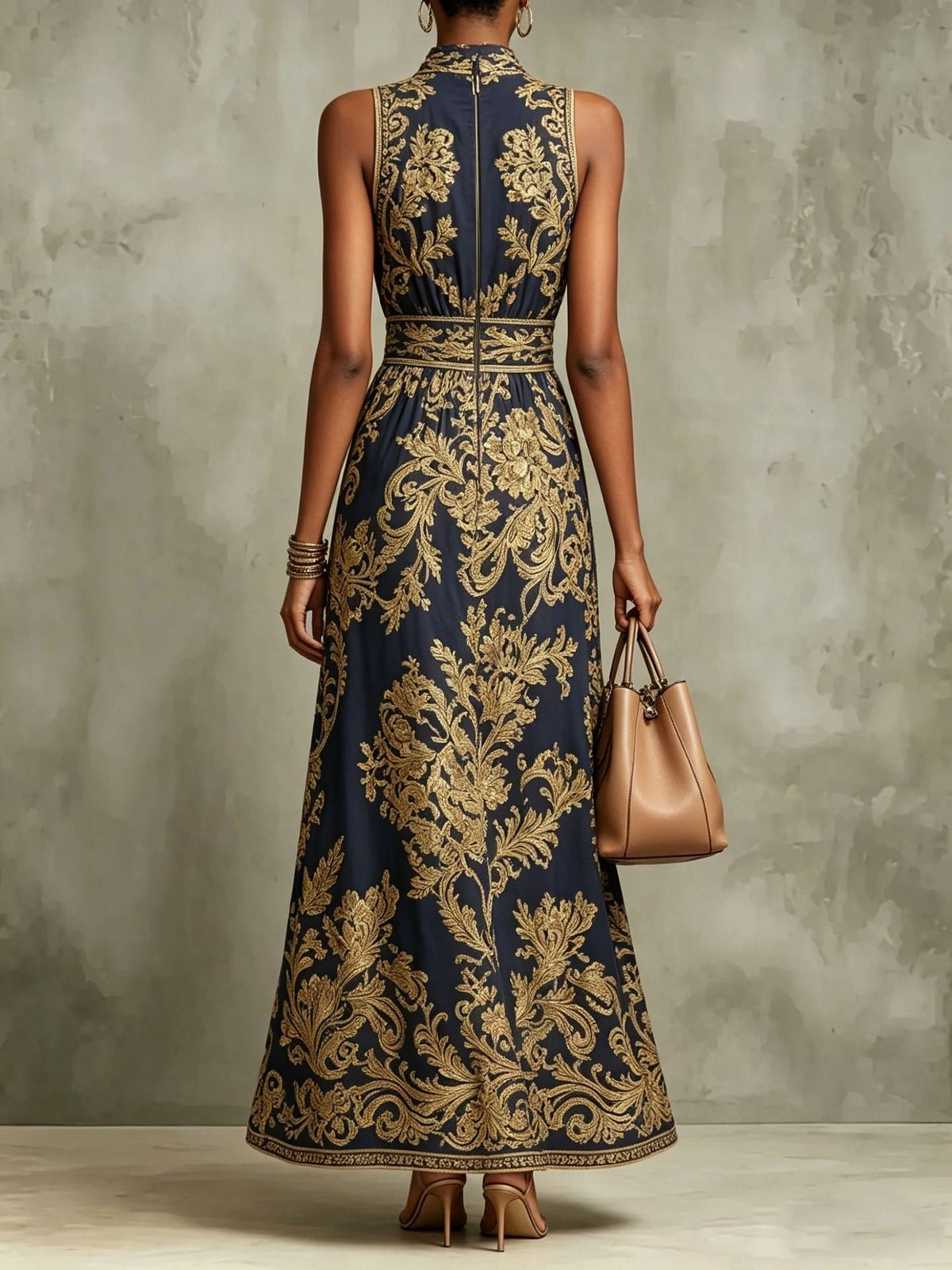 Navy Halter Neck Baroque Brocade Sleeveless A-Line Maxi Dress 5