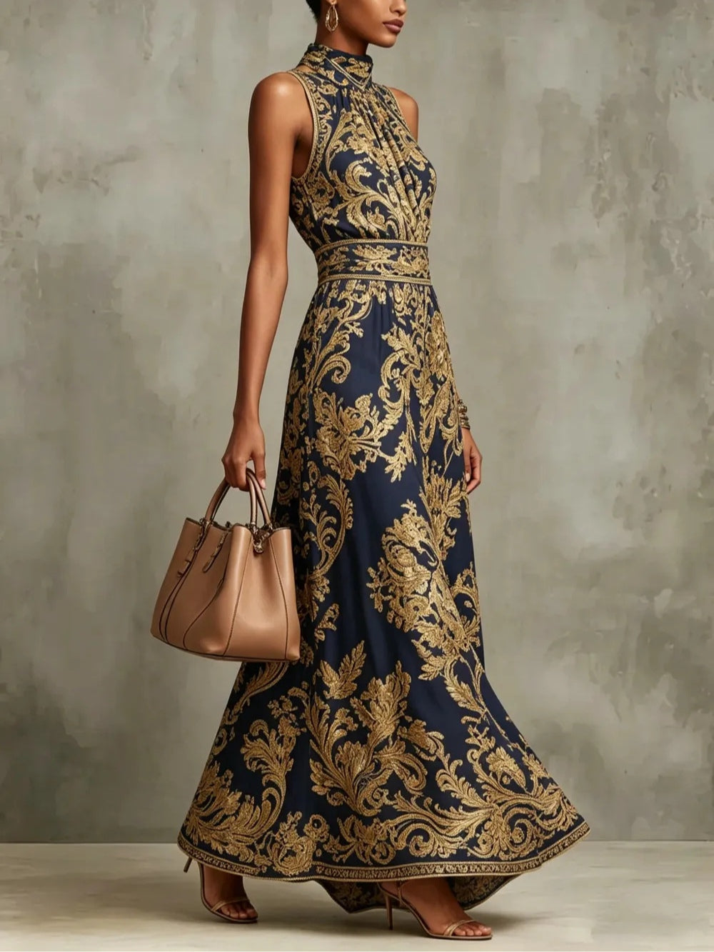 Navy Halter Neck Baroque Brocade Sleeveless A-Line Maxi Dress 4