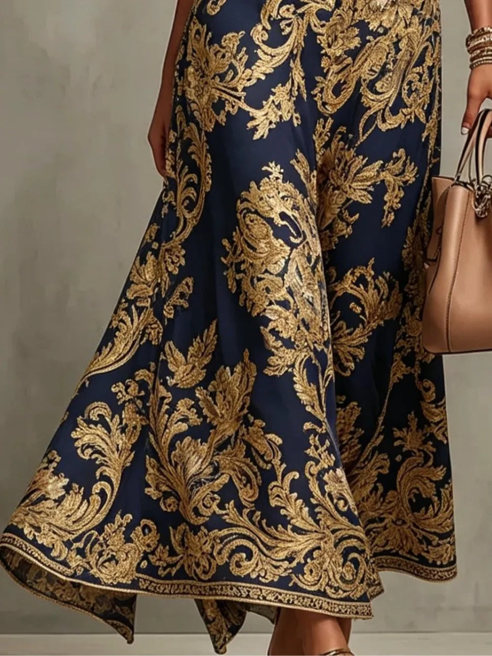 Navy Halter Neck Baroque Brocade Sleeveless A-Line Maxi Dress 6