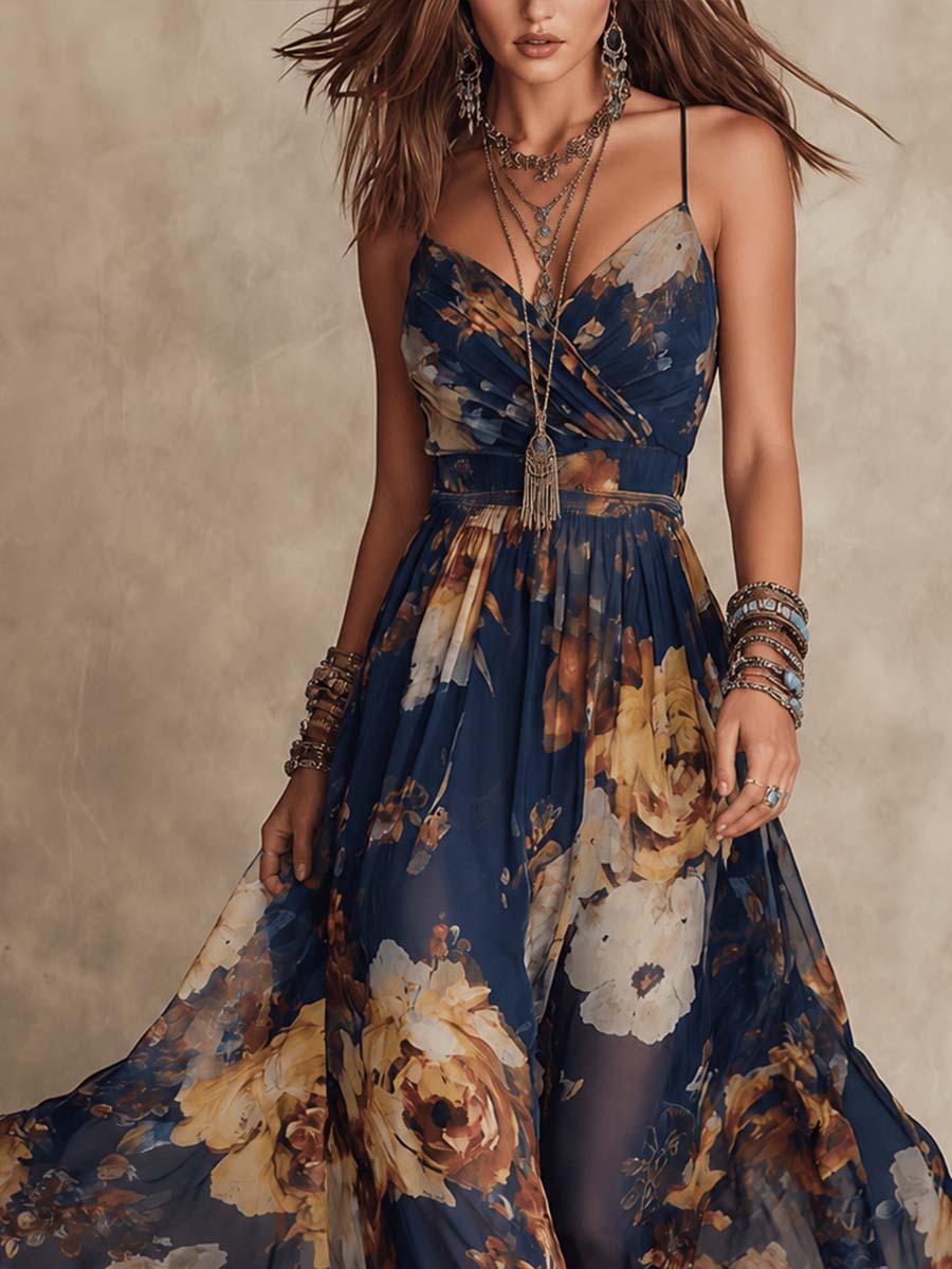 Navy Spaghetti Strap Floral Print Chiffon Flowing Maxi Dress 4